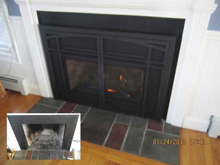 Picture in picture showing fireplace firebox wear and tear