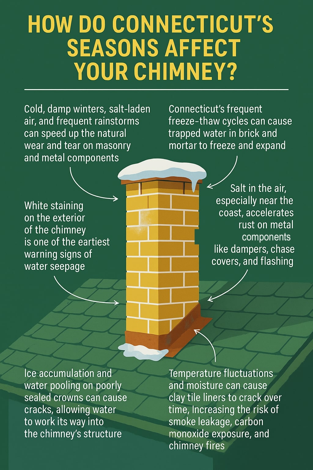 Original infographic showing a yellow brick chimney with snow on top against a dark green background with the title “How Do Connecticut’s Seasons Affect Your Chimney?” in bold yellow text. Surrounding the chimney are white text callouts with arrows describing weather-related damage: cold, damp winters and salt-laden air speeding up wear; white staining as a warning of water seepage; freeze–thaw cycles causing expansion in mortar; coastal salt air rusting metal parts; ice accumulation and pooling on poorly sealed crowns leading to cracks; and temperature fluctuations causing clay tile liners to crack and increase risks of smoke leakage, carbon monoxide, and chimney fires. The design uses contrasting green, yellow, and white colors to highlight each element clearly.<br />
