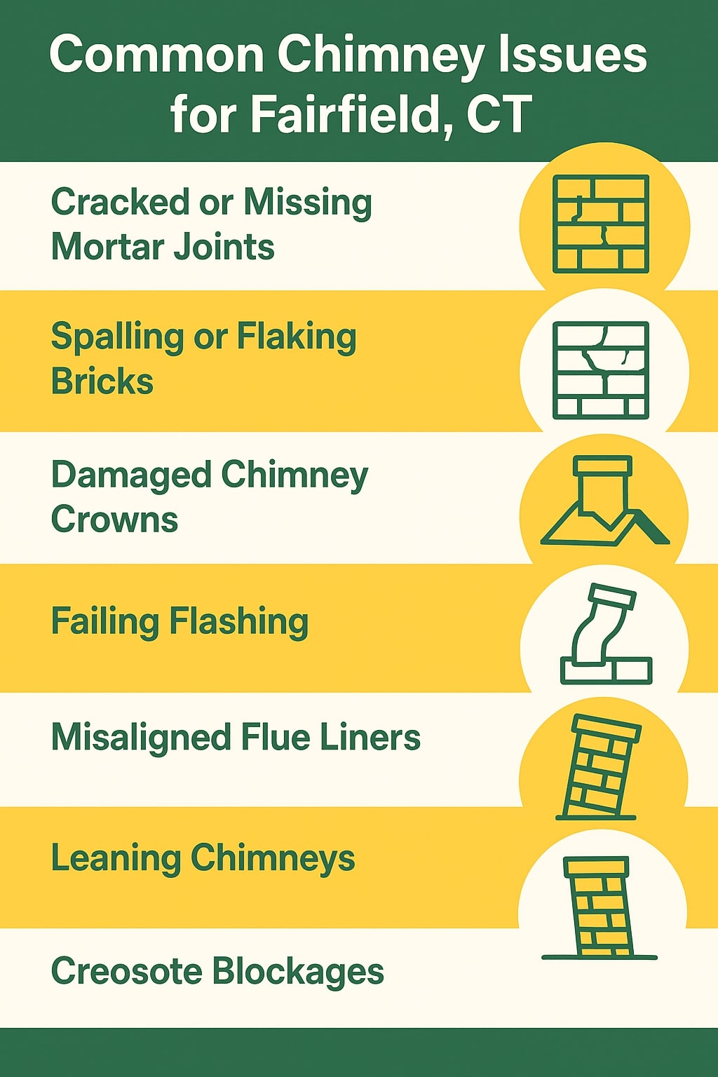 original infographic showing a green and yellow vertical layout titled “Common Chimney Issues for Fairfield, CT” at the top in bold white text on a dark green background, followed by alternating cream and yellow horizontal bars each containing green text listing chimney problems—“Cracked or Missing Mortar Joints,” “Spalling or Flaking Bricks,” “Damaged Chimney Crowns,” “Failing Flashing,” “Misaligned Flue Liners,” “Leaning Chimneys,” and “Creosote Blockages”—with each issue paired to the right with a simple green line-style icon inside a yellow or white circular accent illustrating the specific problem, such as cracked bricks, flaking brick surfaces, a damaged chimney crown, misaligned piping, a leaning chimney, and creosote buildup, all arranged in a clean, modern, high-contrast design for clarity.
